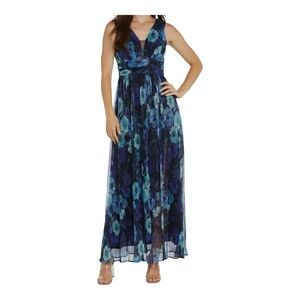R & M Richards Women Floral-Print Crinkled V-Neck Maxi Dress Navy Periwinkle 16